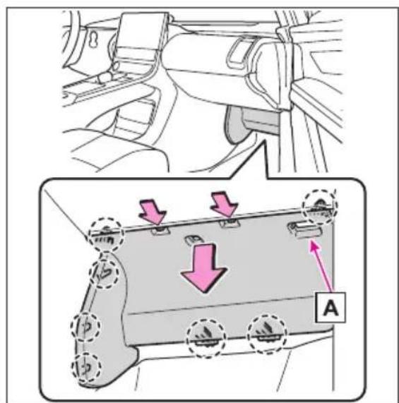 Diagram showing car interior and dashboard seatbelt mechanism with directional arrows and labeled component A