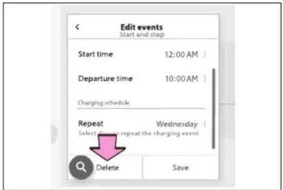 Edit events Start and stop Start time 12:00 AM : Departure time 10:00 AM : Charging schedule Repeat Wednesday : Select when to repeat the charging event. Delete Save