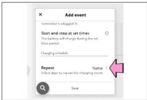 Add event connector is plugged in. Start and stop at set times The battery will change during the set time period. Charging schedule Repeat None Select days to repeat the charging event. Save