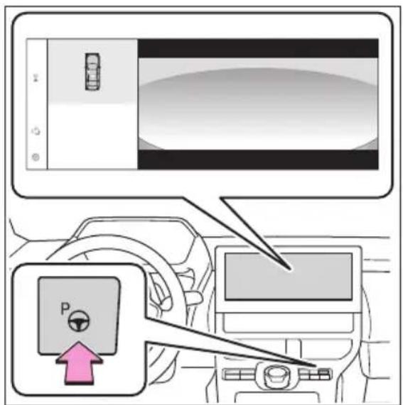 Diagram showing car interior with a parking meter and directional arrow, likely illustrating vehicle safety or navigation system.