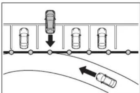 Diagram showing car parking lane with downward and upward arrows indicating movement or change in lanes