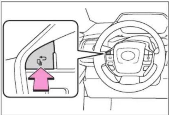 Diagram showing car interior with directional arrow and magnified view of the steering wheel