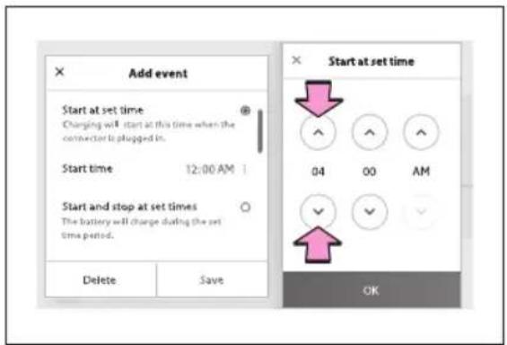 Add event Start at set time Charging will start at this time when the connector is plugged in. Start time 12:00 AM Start and stop at set times The battery will change during the set time period. Delete Save Start at set time 04 00 AM OK