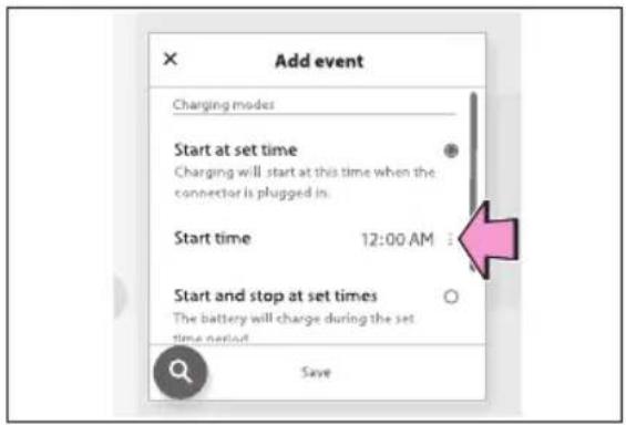 Add event Charging modes Start at set time Charging will start at this time when the connector is plugged in. Start time 12:00 AM Start and stop at set times The battery will charge during the set time period. Save