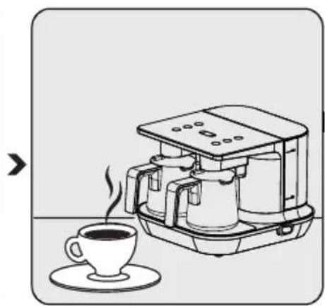 Line drawing of a coffee maker with a steaming cup on a saucer (no text or symbols)