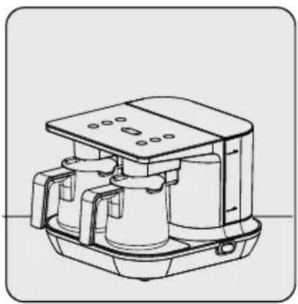 Line drawing of a coffee maker with two cups and a side table (no text or symbols)