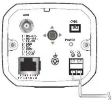 AHD 1: RS-485- 2: RS-485+ 3: EX-DN 4: GND 5: MD 6: COM 7: FOCUS 8: ZOOM 1 2 3 4 5 6 7 8 CVBS POWER DC 12V