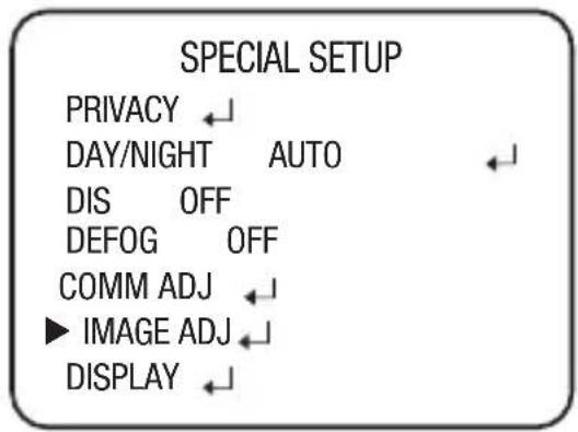 SPECIAL SETUP PRIVACY ← DAY/NIGHT AUTO ← DIS OFF DEFOG OFF COMM ADJ ← ▶ IMAGE ADJ ← DISPLAY ←