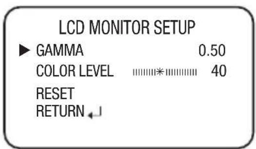 LCD MONITOR SETUP ▶ GAMMA 0.50 COLOR LEVEL 40 RESET RETURN ↓