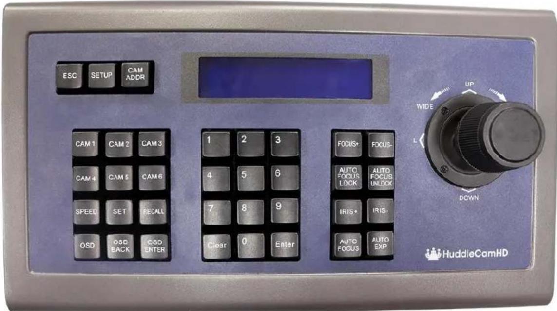 ESC SETUP CAM ADDR CAM 1 CAM 2 CAM 3 CAM 4 CAM 5 CAM 6 SPEED SET RECALL OSD OSD BACK OSD ENTER 1 2 3 4 5 6 7 8 9 Clear 0 Enter FOCUS+ FOCUS- AUTO FOCUS LOCK AUTO FOCUS UNLOCK IRIS+ IRIS- AUTO FOCUS AUTO EXP WIDE UP DOWN HuddleCamHD