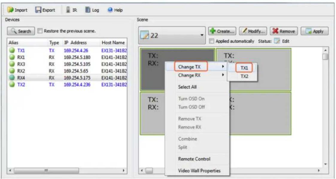 Import Export IR Log Help Devices Search Restore the previous scene. Scene 22 Create... Modify... Remove Apply TX: TX: Change TX TX1 TX2 Change RX Select All Turn OSD On Turn OSD Off Remove TX Remove RX Combine Split Remote Control Video Wall Properties