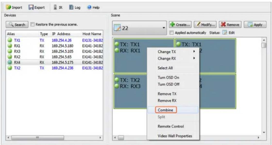 Import Export IR Log Help Devices Search Restore the previous scene. Scene 22 Create... Modify... Remove Apply Alias Type IP Address Host Name TX1 TX 169.254.4.26 EX131-341B2 RX1 RX 169.254.5.180 EX141-341B2 RX3 RX 169.254.5.105 EX141-341B2 RX2 RX 169.254.5.65 EX141-341B2 RX4 RX 169.254.5.175 EX141-341B2 TX2 TX 169.254.4.236 EX131-341B2 TX: TX1 TX: TX1 RX: RX1 Change TX Change RX Select All Turn OSD On Turn OSD Off Remove TX Remove RX TX: TX2 TX: RX3 Combine Split Remote Control Video Wall Properties