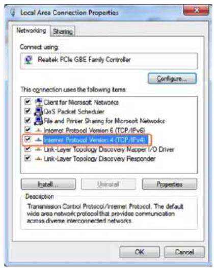 Local Area Connection Properties Networking Sharing Connect using: Reatek PCIe GBE Family Controller Configure... This connection uses the following items: Client for Microsoft Networks QoS Packet Scheduler File and Printer Sharing for Microsoft Networks Internet Protocol Version 6 (TCP/IPv6) Internet Protocol Version 4 (TCP/IPv4) Link-Layer Topology Discovery Mapper I/O Driver Link-Layer Topology Discovery Responder Install... Uninstall Properties Description Transmission Control Protocol/Internet Protocol. The default wide area network protocol that provides communication across diverse interconnected networks. OK Cancel