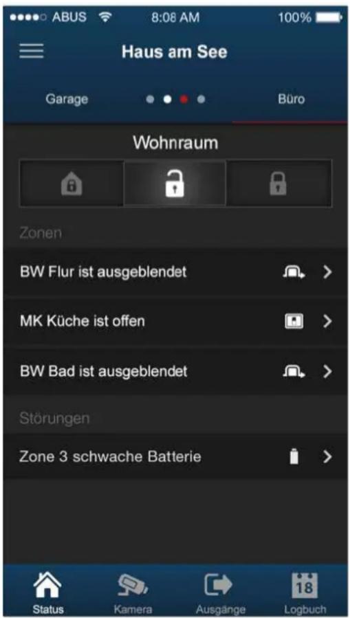 ABUS 8:08 AM 100% Haus am See Garage Büro Wohnraum Zonen BW Flur ist ausgeblendet MK Küche ist offen BW Bad ist ausgeblendet Störungen Zone 3 schwache Batterie Status Kamera Ausgänge Logbuch