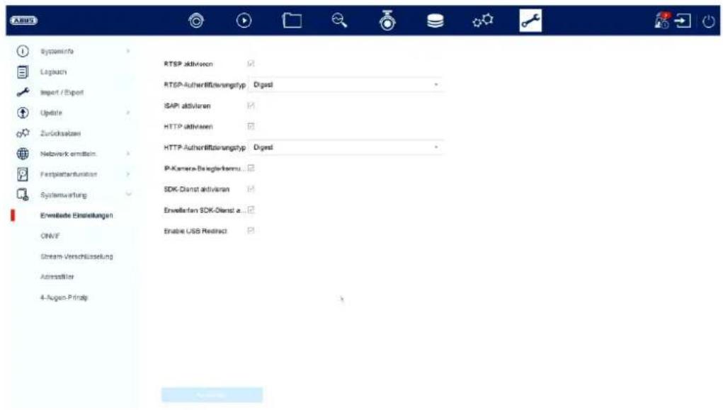 Systeminfo Logbuch Import / Export Update Zurichselaen Networrk ermitteln Festplattarfunktion Systemwaltung Erweite Einstellungen ONVF Stream-Venschlüsselung Adreissteller 4-Augen-Prinety RTSP aktivoren RTSP-Authertifizierungstyp SAPI aktivoren HTTP aktivoren HTTP-Authertifizierungstyp P-Kamera-Beleglerkennu... SDK-Dienst aktivoren Enweite für SDK-Dienst a... Enable USB Reduct
