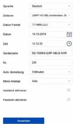 Sprache Zeitszne (DGMT+01:00) Amsterdam, D- Datum Format TT-MM-JJJJ Datum 18-12-2019 10 Zeit 12:12:25 Gerätename DS-760INI-I2/6P ABUS NVR Nr. 255 Auto. Abmeidung 5 Minuten Menü-Anzeige Auto Assistant aktivieren Passwort aktivieren Anwenden