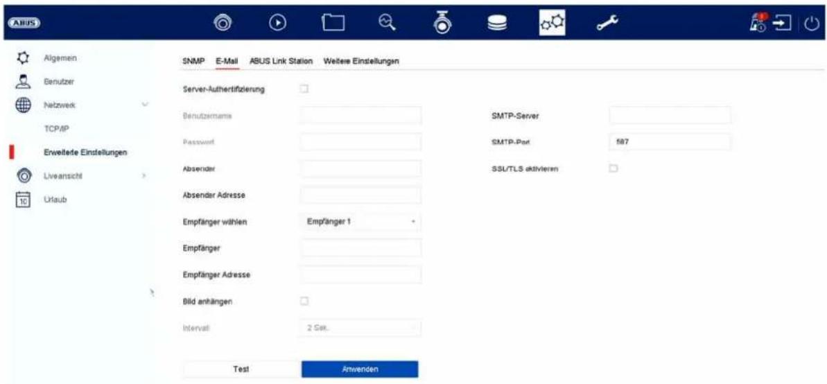 Allgemein Benutzer Netzwerk TCP/IP Erweitere Einstellungen Liveansicht Urlaub SNMP E-Mail ABUS Link Station Weitere Einstellungen Server-Authertifizierung Benutzername Password Absender Absender Adresse Empfänger wählen Empfänger 1 Empfänger Empfänger Adresse Bild anhängen Interval: 2 Sek. Test Anwenden SMTP-Server SMTP-Port 587 SSL/TLS aktivieren