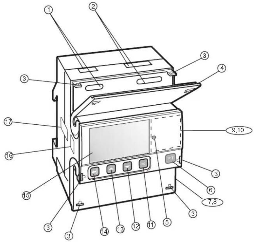 Technical diagram of a device with numbered components and labeled buttons, likely for assembly or testing purposes.