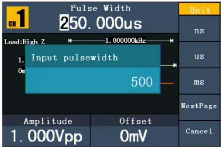 Pulse Width 250.000us Unit ns Load:High Z —— 1.000000kHz —— 1. Input pulsewidth 0π —— 500 us ms NextPage Amplitude Offset 1.000Vpp 0mV Cancel