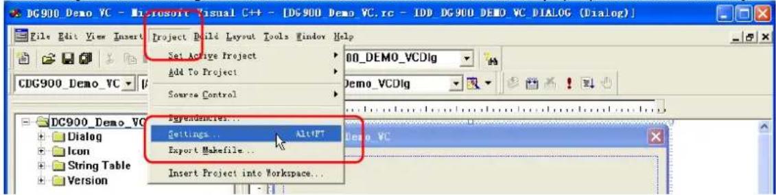 DG900 Demo_VC - Microsoft Visual C++ - [DG900 Demo_VC.rc - IDD DG900 DEMO VC_DIALOG (Dialog)] File Edit View Insert Project Build Layout Tools Window Help Set Active Project Add To Project Source Control ENDUENDURES... Settings... Alt+PT Export Makefile... Insert Project into Workspace...