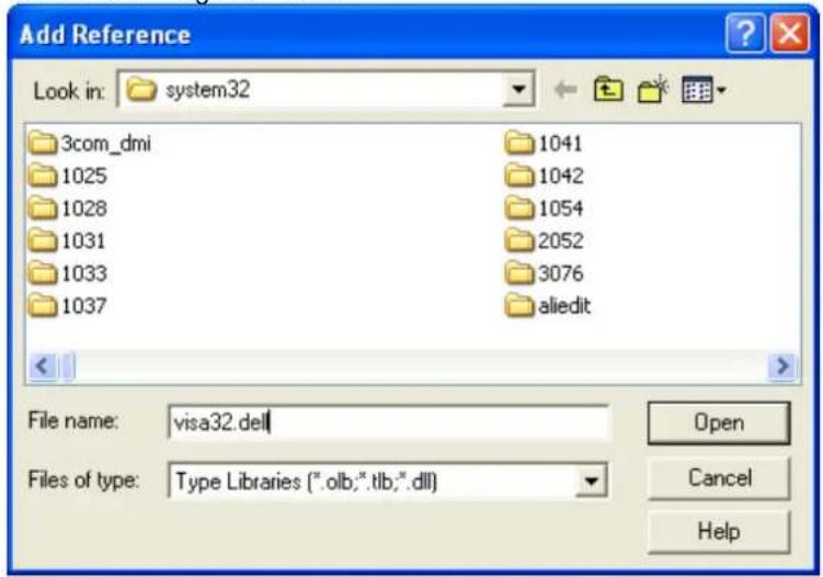 Add Reference Look in: system32 3com_dmi 1025 1028 1031 1033 1037 1041 1042 1054 2052 3076 aliedit File name: visa32.dell Files of type: Type Libraries (*.olb;*.tlb;*.dll) Open Cancel Help