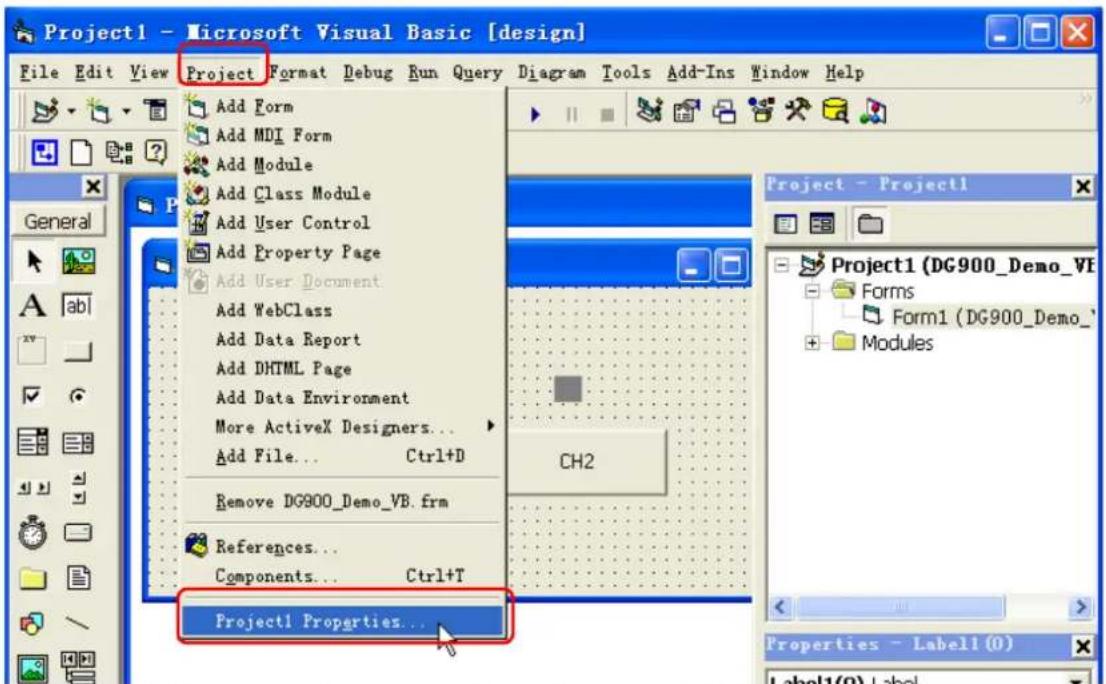 Project1 - Microsoft Visual Basic [design] File Edit View Project Format Debug Run Query Diagram Tools Add-Ins Window Help Add Form Add MDI Form Add Module Add Class Module Add User Control Add Property Page Add User Document Add WebClass Add Data Report Add DHTML Page Add Data Environment More ActiveX Designers... Add File... Ctrl+D Remove DG900_Demo_VB.frm References... Components... Ctrl+T Project1 Properties... CH2 Project1 (DG900_Demo_VE Forms Form1 (DG900_Demo_' Modules Properties - Label1 (0) Label1(0) Label