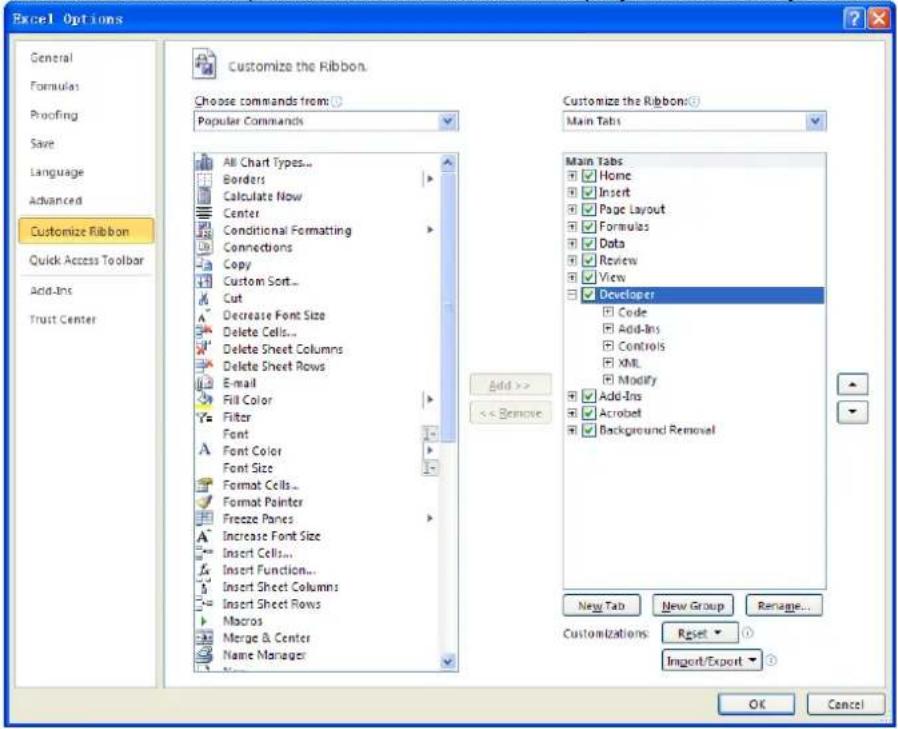 Excel Options General Formulas Proofing Save Language Advanced Customize Ribbon Quick Access Toolbar Add-Ins Trust Center Customize the Ribbon. Choose commands from: Popular Commands All Chart Types... Borders Calculate Now Center Conditional Formatting Connections Copy Custom Sort... Cut Decrease Font Size Delete Cells... Delete Sheet Columns Delete Sheet Rows E-mail Fill Color Filter Font Font Color Font Size Format Cells... Format Pointer Freeze Panes Increase Font Size Insert Cells... Insert Function... Insert Sheet Columns Insert Sheet Rows Macros Merge & Center Name Manager Add >> << Remove Customize the Ribbon: Main Tabs Main Tabs Home Insert Page Layout Formulas Data Review View Developer Code Add-Ins Controls XML Modify Add-Ins Acrobet Background Removal New Tab New Group Renage... Customizations: Reset ① Import/Export ② OK Cancel