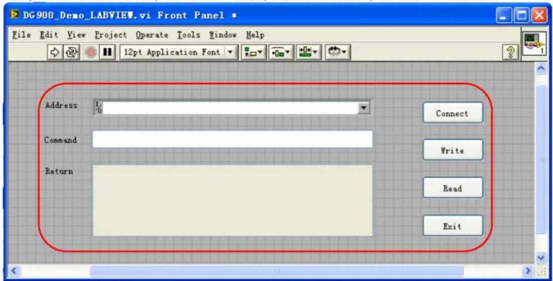 DG900_Demo_LABVIEW.vi Front Panel * File Edit View Project Operate Tools Window Help 12pt Application Font Address % Command Return Connect Write Read Exit