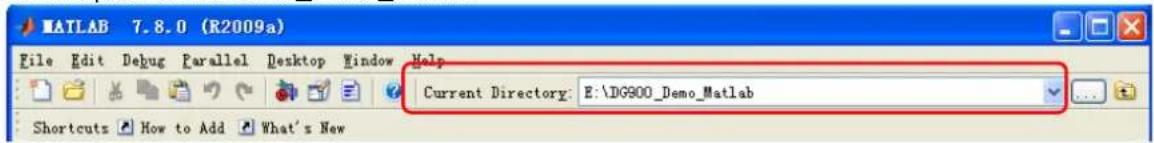 MATLAB 7.8.0 (R2009a) File Edit Debug Parallel Desktop Window Help Current Directory: E:\DG900_Demo_Matlab Shortcuts How to Add What's New