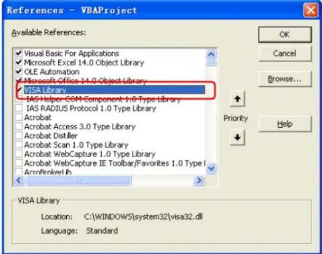 References - VBAProject Available References: ✓ Visual Basic For Applications ✓ Microsoft Excel 14.0 Object Library ✓ OLE Automation ✓ Microsoft Office 14.0 Object Library ✓ VISA Library IAS Helper COM Component 1.0 Type Library IAS RADIUS Protocol 1.0 Type Library Acrobat Acrobat Access 3.0 Type Library Acrobat Distiller Acrobat Scan 1.0 Type Library Acrobat WebCapture 1.0 Type Library Acrobat WebCapture IE Toolbar/Favorites 1.0 Type I AcroBroker Id VISA Library Location: C:\WINDOWS\system32\visa32.dll Language: Standard