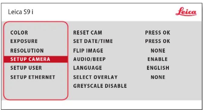 Leica S9 i COLOR RESET CAM PRESS OK EXPOSURE SET DATE/TIME PRESS OK RESOLUTION FLIP IMAGE NONE SETUP CAMERA AUDIO/BEEP ENABLE SETUP USER LANGUAGE ENGLISH SETUP ETHERNET SELECT OVERLAY NONE GREYSCALE DISABLE