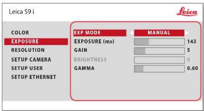 Leica S9 i COLOR EXPOSURE RESOLUTION SETUP CAMERA SETUP USER SETUP ETHERNET EXP MODE MANUAL EXPOSURE (ms) 143 GAIN 5 BRIGHTNESS 0 GAMMA 0.60 leica