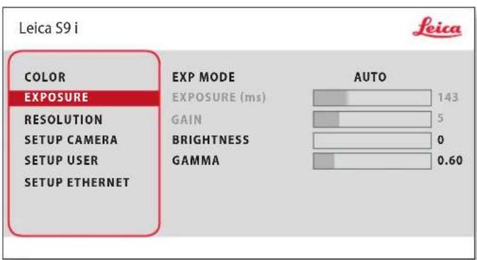 Leica S9 i COLOR EXPOSURE RESOLUTION SETUP CAMERA SETUP USER SETUP ETHERNET EXP MODE EXPOSURE (ms) GAIN BRIGHTNESS GAMMA AUTO 143 5 0 0.60
