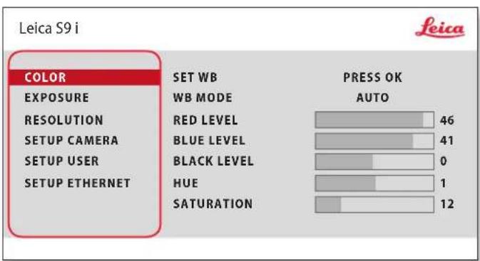 Leica S9 i COLOR EXPOSURE RESOLUTION SETUP CAMERA SETUP USER SETUP ETHERNET SET WB WB MODE RED LEVEL BLUE LEVEL BLACK LEVEL HUE SATURATION PRESS OK AUTO 46 41 0 1 12