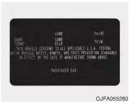 DAWR FRONT CVR CANR REAR PAINT TRIM THIS VEHICLE CONFORMS TO ALL APPLICABLE U.S.A. FEDERAL MOTOR VEHICLE SAFETY, BUMPEE, AND THEFI PREVENTION STANDARDS IN EFFECT ON THE DATE OF MANUFACTURE SHOWN ABOVE. PASSINGER CAR OJFA055280