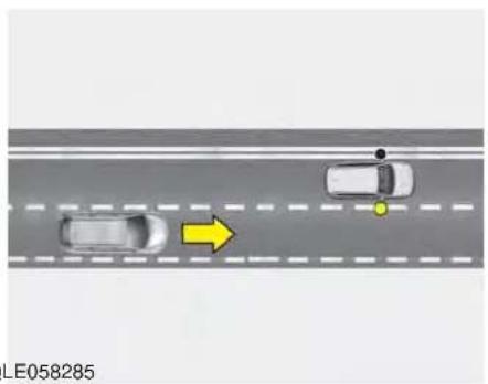 Top-down view of a multi-lane road with two cars and a yellow arrow indicating direction (no text or symbols)