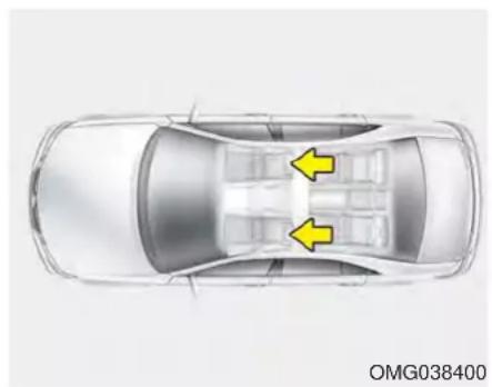 Top-down view of a car with two yellow arrows pointing to the center of the dashboard area (no text or symbols on the diagram itself)