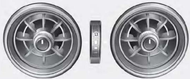 Two identical circular fan components with radial blades and a small indicator dial labeled '13' (no text or symbols on the fan itself)