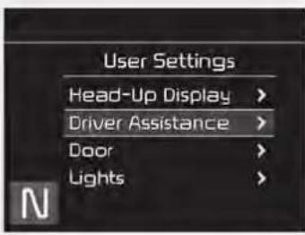 User Settings Head-Up Display > Driver Assistance > Door > Lights >