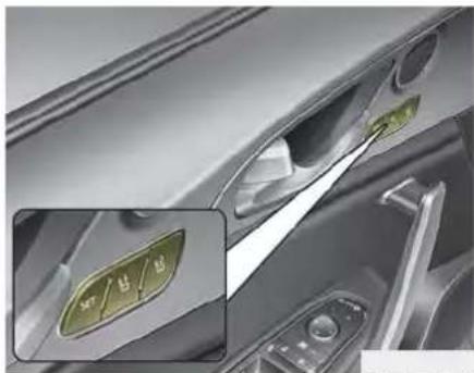 Close-up of a car's front and side panels showing the door, dashboard, and control buttons (no readable text or symbols)