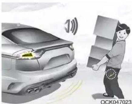 Illustration of a car with sound waves and a person carrying a box, no text or symbols present