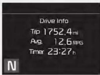 Drive Info Tip 1752.4mi Avg. 12.6 MPG Timer 23:27 h N