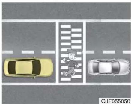 Top-down view of a traffic intersection with two cars and a pedestrian crossing (no text or symbols)