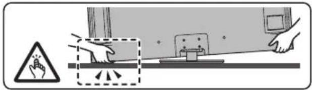 Safety warning illustration showing hand pressing a safety clip with warning symbols