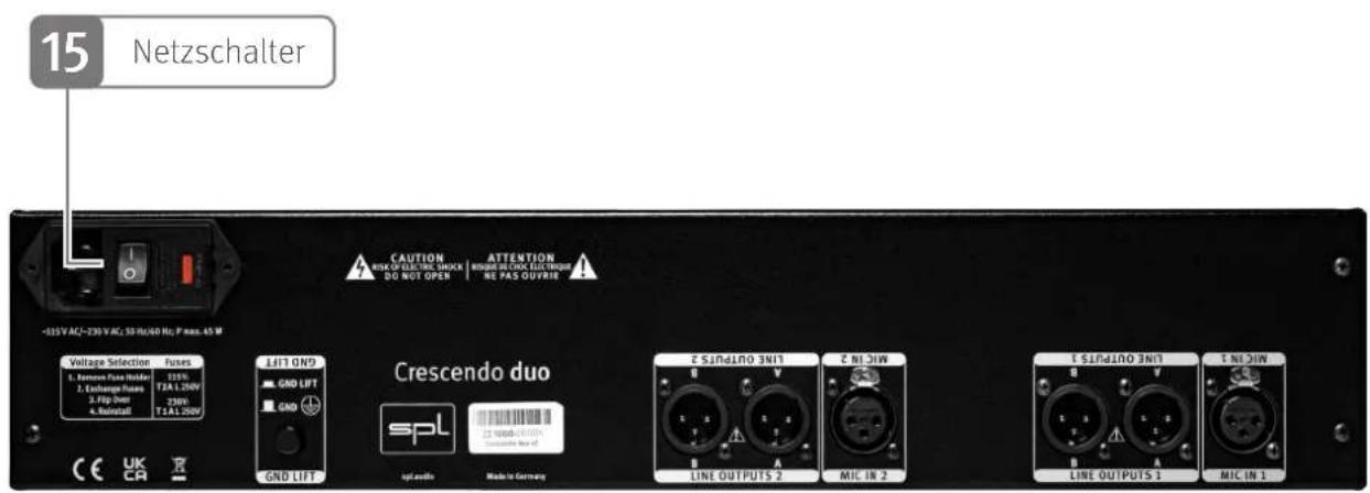 15 Netzschalter -325V AC-230 V AC; 35 Hz/60 Hz; P max. 45 W Voltage Selection Fuses 1. Remove Fuse Holder 125V 2. Exchange Fuse TA1 200V 3. Flip Seat 230V 4. RollInstall TA1 200V Crescendo duo GND LIFT SPL GND LIFT GND LIFT GND LIFT GND LIFT GND LIFT GND LIFT GND LIFT CAUTION ATTENTION RISK OF ELETRIC SHOCK RIMBER IN CROO ELLENONE DO NOT OPER NE PAS OUTFRICE Z SINDINO 3N11 Z N12W LINE OUTPUTS 2 MIC IN 2 LINE OUTPUTS 1 MIC IN 1