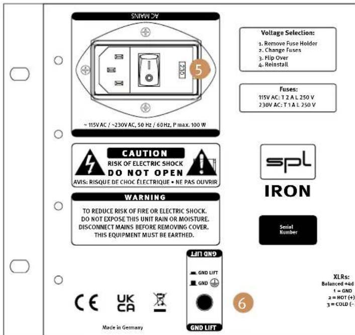 5N1WW DXY ~ 115V AC / ~230V AC, 50 Hz / 60 Hz, P max. 100 W Voltage Selection: 1. Remove Fuse Holder 2. Change Fuses 3. Flip Over 4. Reinstall Fuses: 115V AC: T 2 A L 250 V 230V AC: T 1 A L 250 V CAUTION RISK OF ELECTRIC SHOCK DO NOT OPEN AVIS: RISQUE DE CHOC ÉLECTRIQUE • NE PAS OUVRIR WARNING TO REDUCE RISK OF FIRE OR ELECTRIC SHOCK. DO NOT EXPOSE THIS UNIT RAIN OR MOISTURE. DISCONNECT MAINS BEFORE REMOVING COVER. THIS EQUIPMENT MUST BE EARTHED. spl IRON Serial Number LIFT QND GND LIFT GND CE UK CA GND LIFT Made in Germany 6 XLRs: Balanced +ad 1 = GND 2 = HOT (+) 3 = COLD (-)
