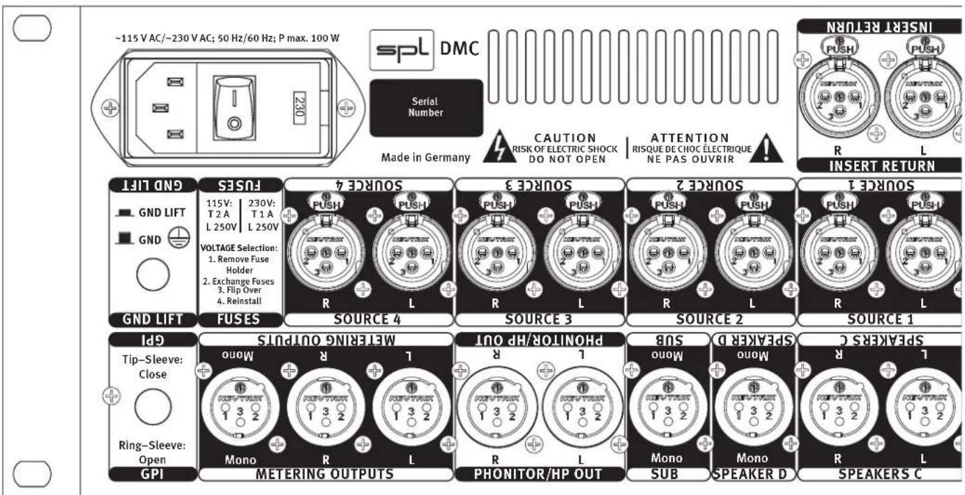 -115 V AC/-230 V AC; 50 Hz/60 Hz; P max. 100 W spl DMC Serial Number Made in Germany CAUTION RISK OF ELECTRIC SHOCK DO NOT OPEN ATTENTION RISQUE DE CHOC ÉLECTRIQUE NE PAS OUVRIR INSERT RETURN R L INSERT RETURN GND LIFT GND FUSES 115V: 230V: T 2 A T 1 A L 250V L 250V VOLTAGE Selection: 1. Remove Fuse Holder 2. Exchange Fuses 3. Flip Over 4. Reinstall SOURCE 4 PUSH PUSH R SOURCE 3 R SOURCE 2 R SOURCE 1 GND LIFT FUSES SOURCE 4 SOURCE 3 SOURCE 2 SOURCE 1 GPI Tip-Sleeve: Close Ring-Sleeve: Open GPI Mono METERING OUTPUTS Mono R L MONITOR/HP OUT PHONITOR/HP OUT Mono SUB Mono SPEAKER D SPEAKERS C METERING OUTPUTS PRONITOR/HP OUT SPEAKERS C