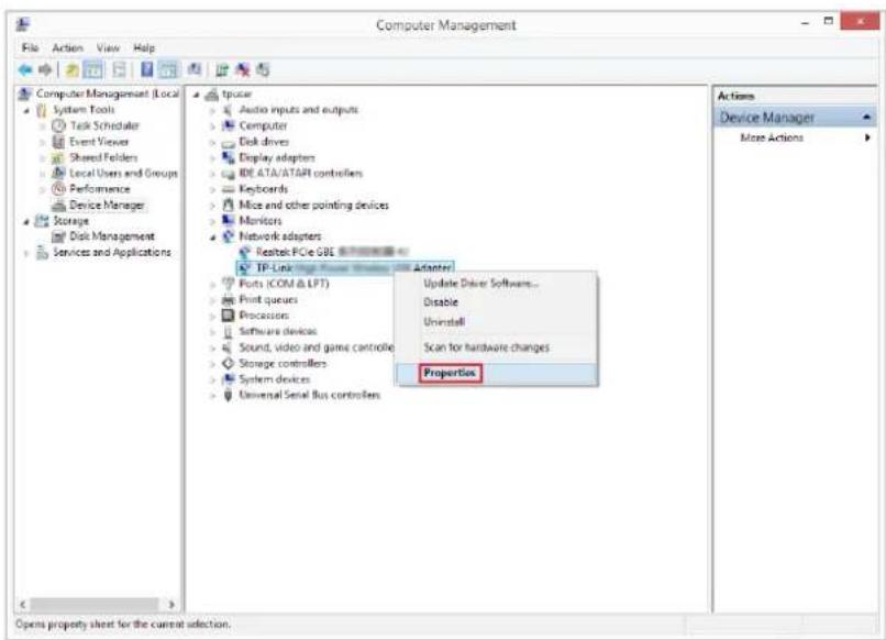 Computer Management File Action View Help Computer Management (Local System Tools Task Scheduler Event Viewer Shared Folders Local Users and Groups Performance Device Manager Storage Disk Management Services and Applications tpicer Audio inputs and outputs Computer Disk drives Display adapters IDE ATA/ATAPI controllers Keyboards Mice and other pointing devices Monitors Network adapters Realtek PCIe GBE TP-Link Ports (COM & LPT) Print queues Processors Software devices Sound, video and game controls Storage controllers System devices Universal Serial Bus controllers Adarter/ Update Driver Software... Disable Uninstall Scan for hardware changes Properties Actions Device Manager Mice Actions Opens property sheet for the current selection.