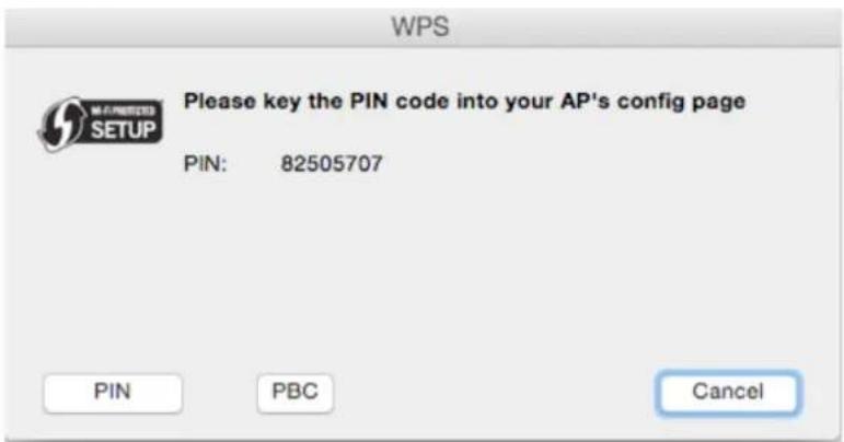 WPS Please key the PIN code into your AP's config page PIN: 82505707 PIN PBC Cancel