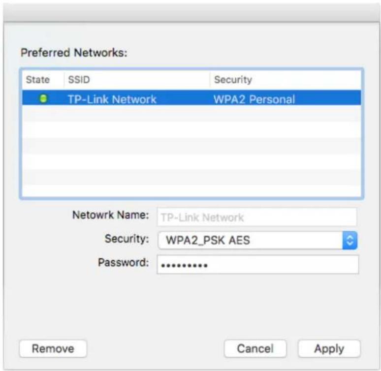 Preferred Networks: State SSID Security TP-Link Network WPA2 Personal Netowrk Name: TP-Link Network Security: WPA2_PSK AES Password: .......... Remove Cancel Apply
